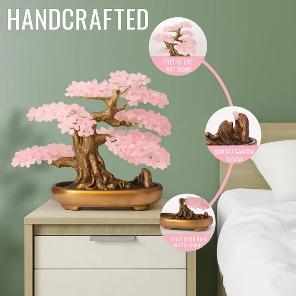 Natural Rose Quartz Gemstone Crystal Bonsai Tree product description image